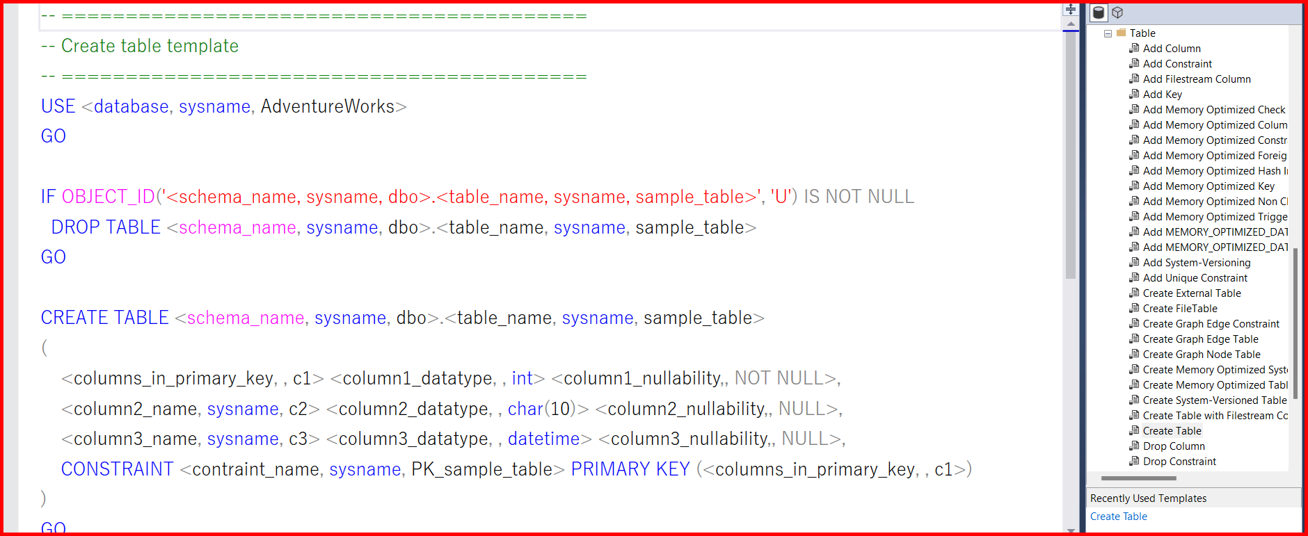 Picture showing the script generated by template explorer